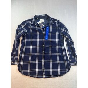 New Jachs Girlfriend Womens Long Sleeve White Blue Navy Paid Shirt Large